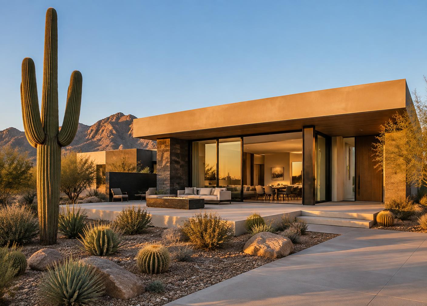 Illustrative modern Arizona home with desert plants and mountains
